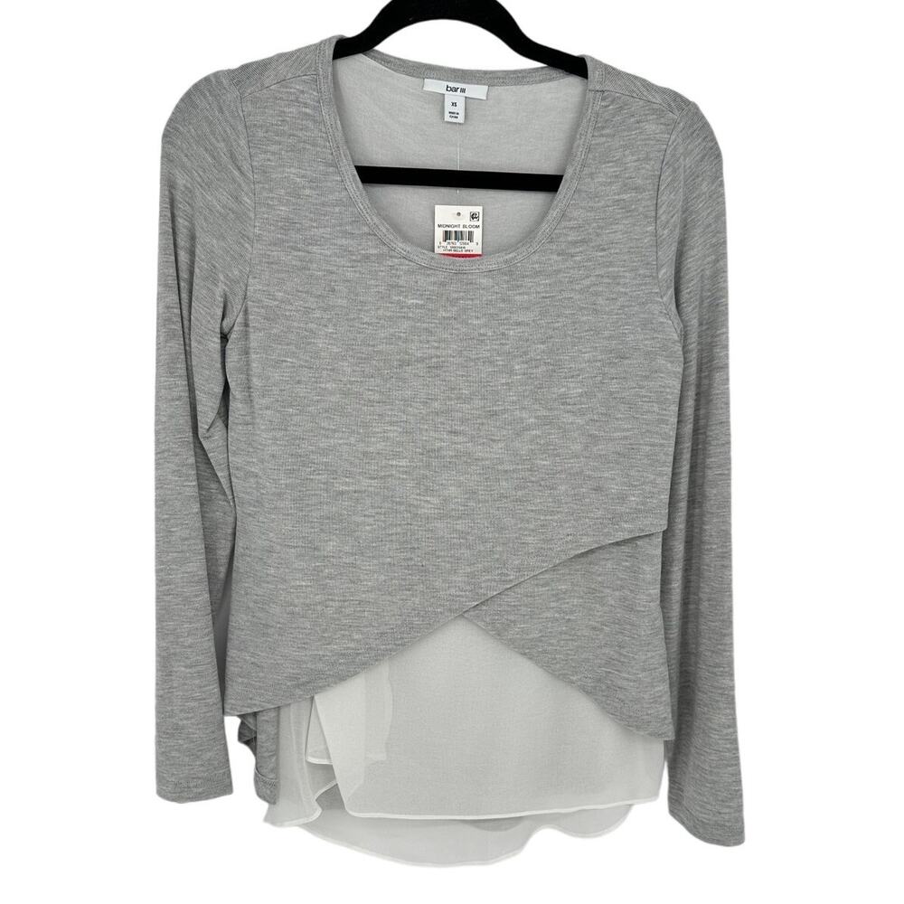 Bar III Size XS Gray White Anchor Knit Blouse Long Sleeve Asymmetrical High Low